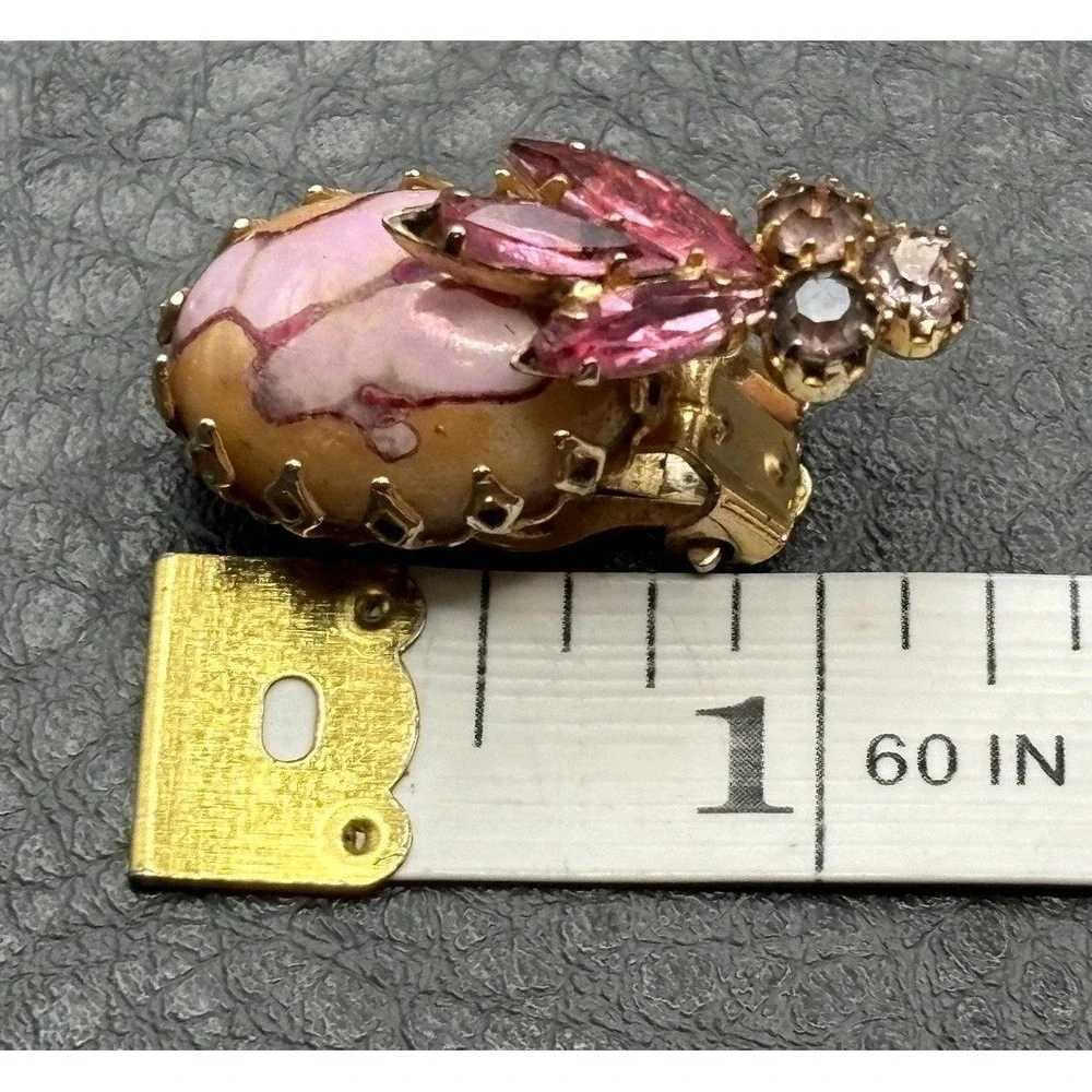 Vintage Dragon Egg Marble Pink Cabochon Crystal Rhinestone Clip Earrings READ